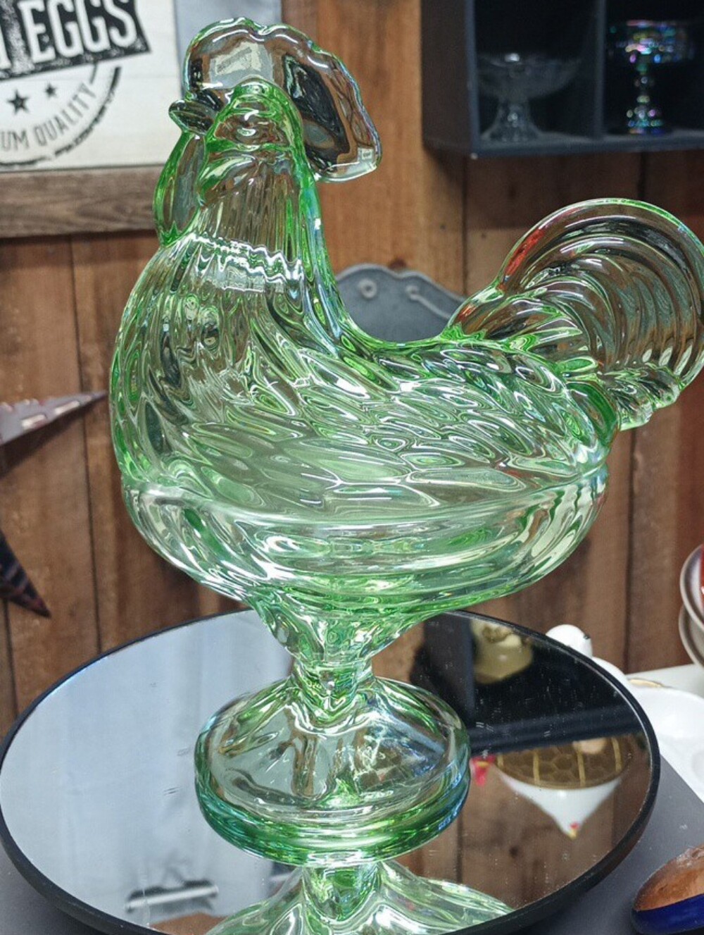 Brilliant Light Green Glass Rooster Candy Dish, Standing Rooster, Hen On Nest